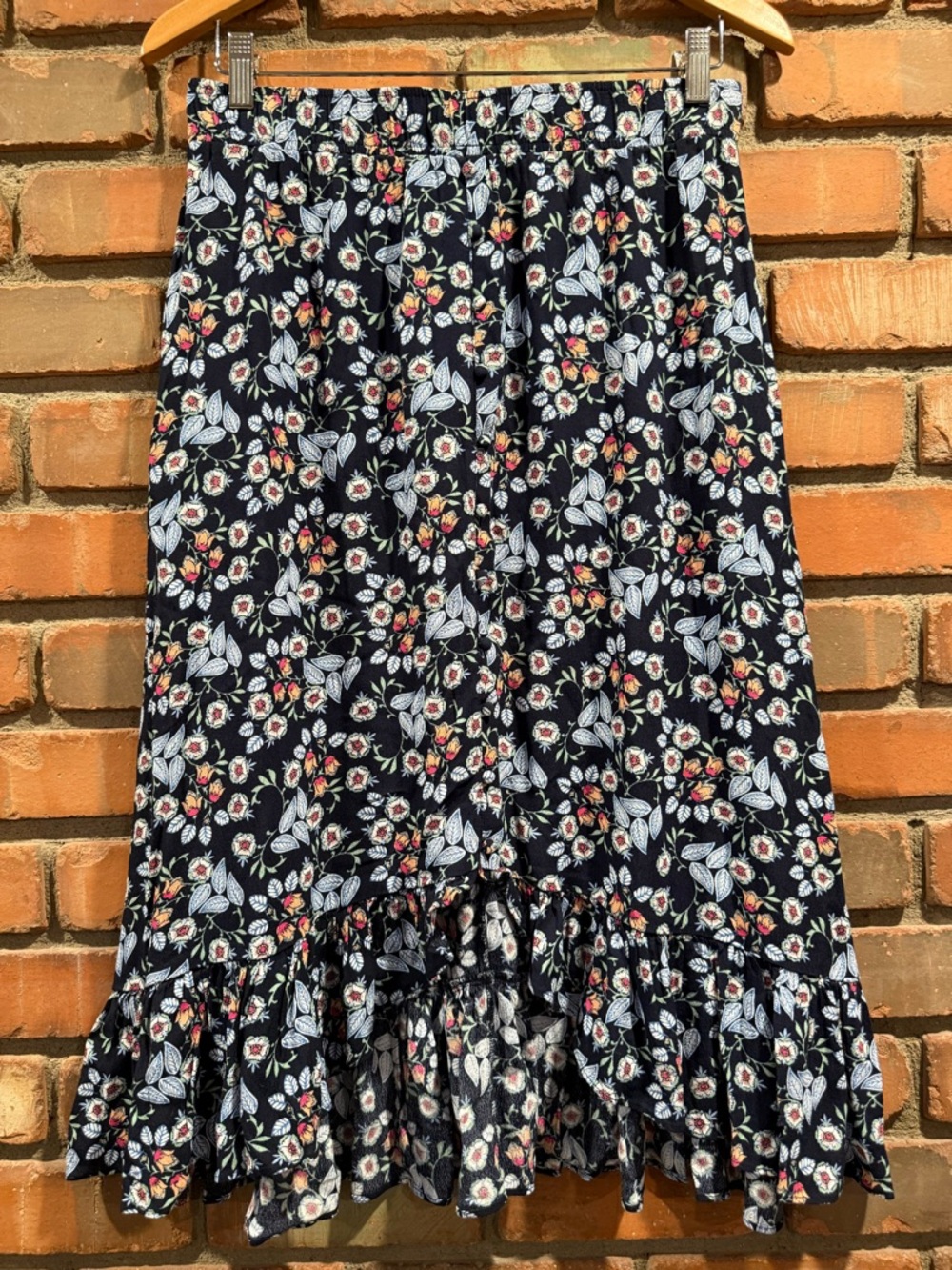 LOFT Navy Floral High-Low Ruffle Midi Skirt